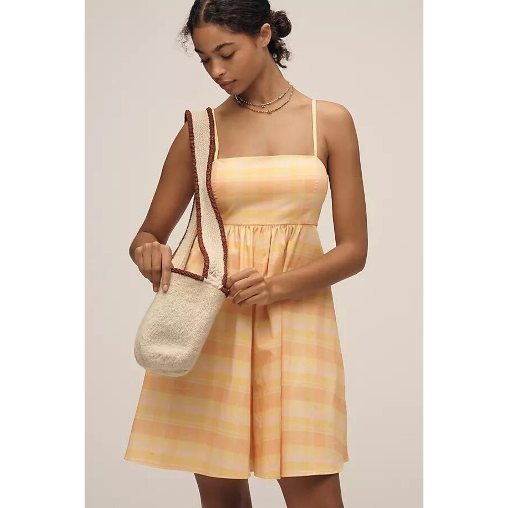 NEW Hutch Anthropologie Plaid Romper Yellow Orange Smocked Back Pockets Large